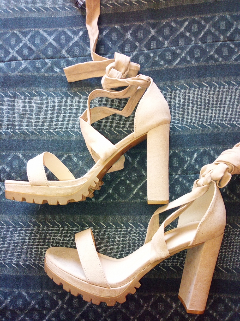 Women's Chunky Heel Ankle-Tie Sandals in Light Beige